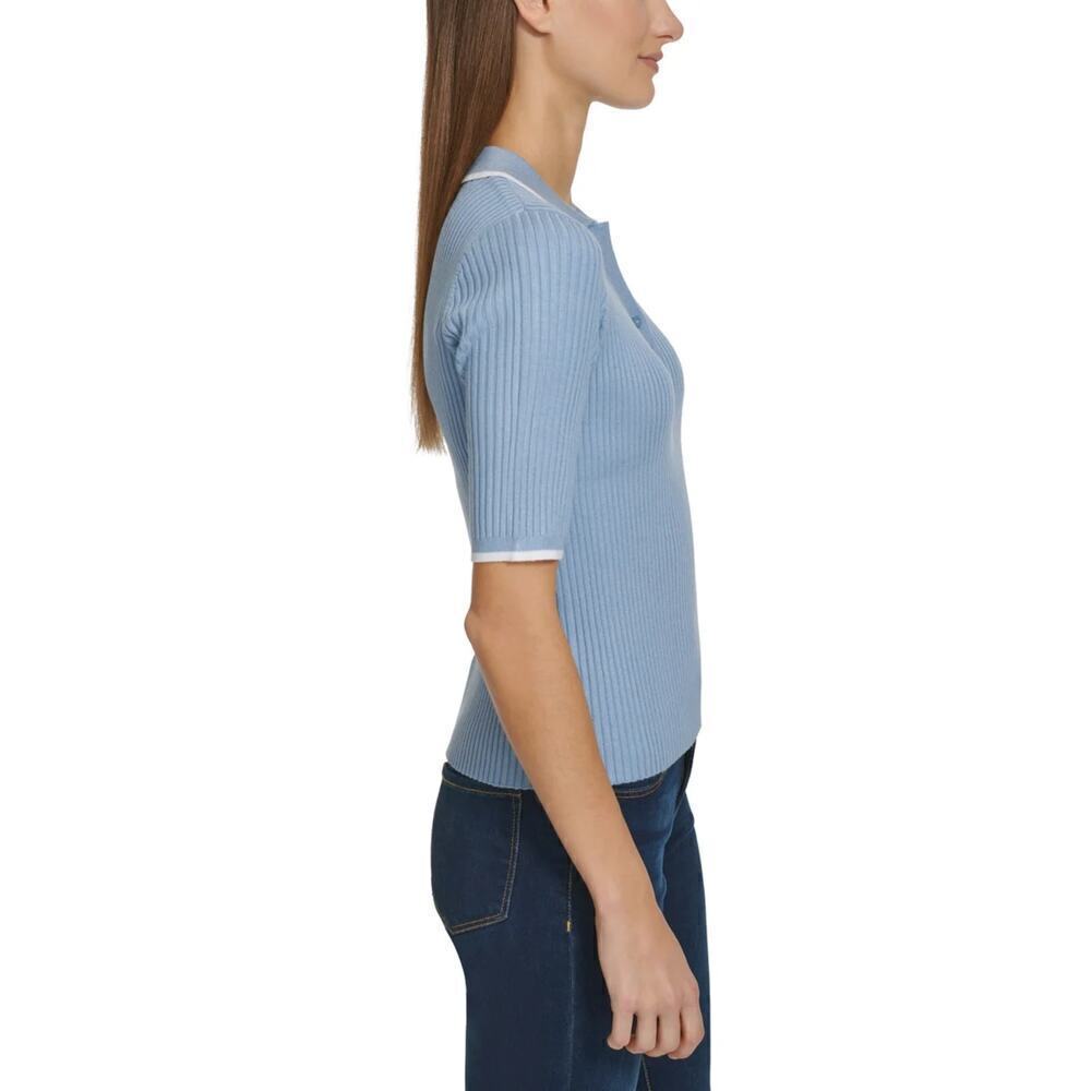 New! Calvin Klein Women's  Ribbed Top Quarter Button Collared Polo Shirt - Picture 2 of 4